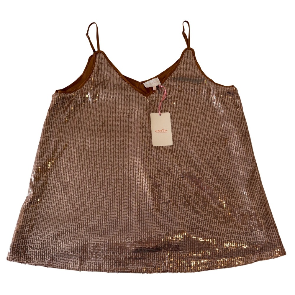Entro Rose Gold Sequin V-Neck Cami Tank Top Adjustable Straps NWT Medium